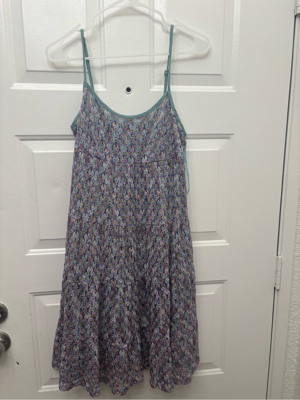 Trina Turk Multicolor Paisley Embroidered Scoop Neck Dress with Teal Trim